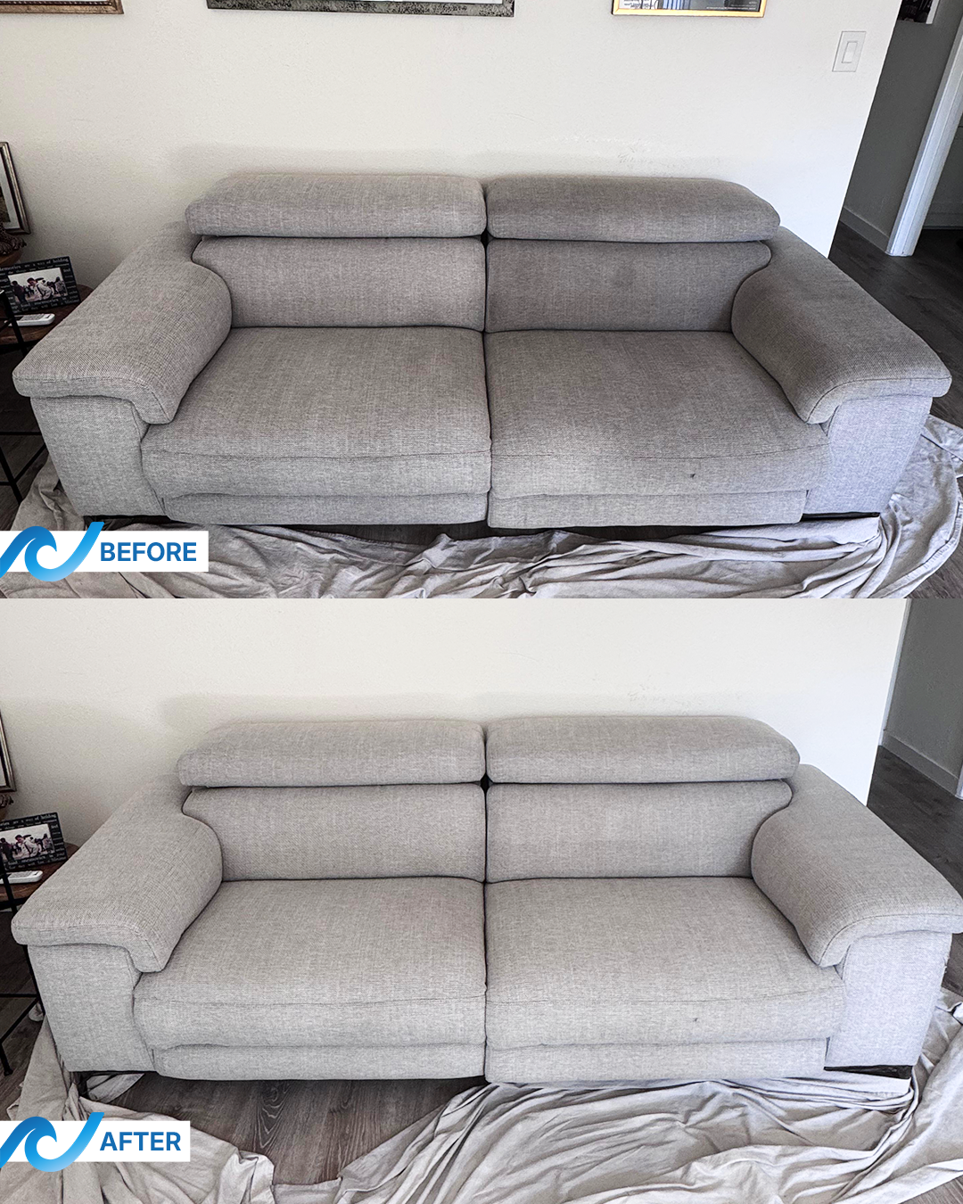 Professional sofa cleaning result: removal of accumulated dirt and revitalized fabric appearance without discoloration.