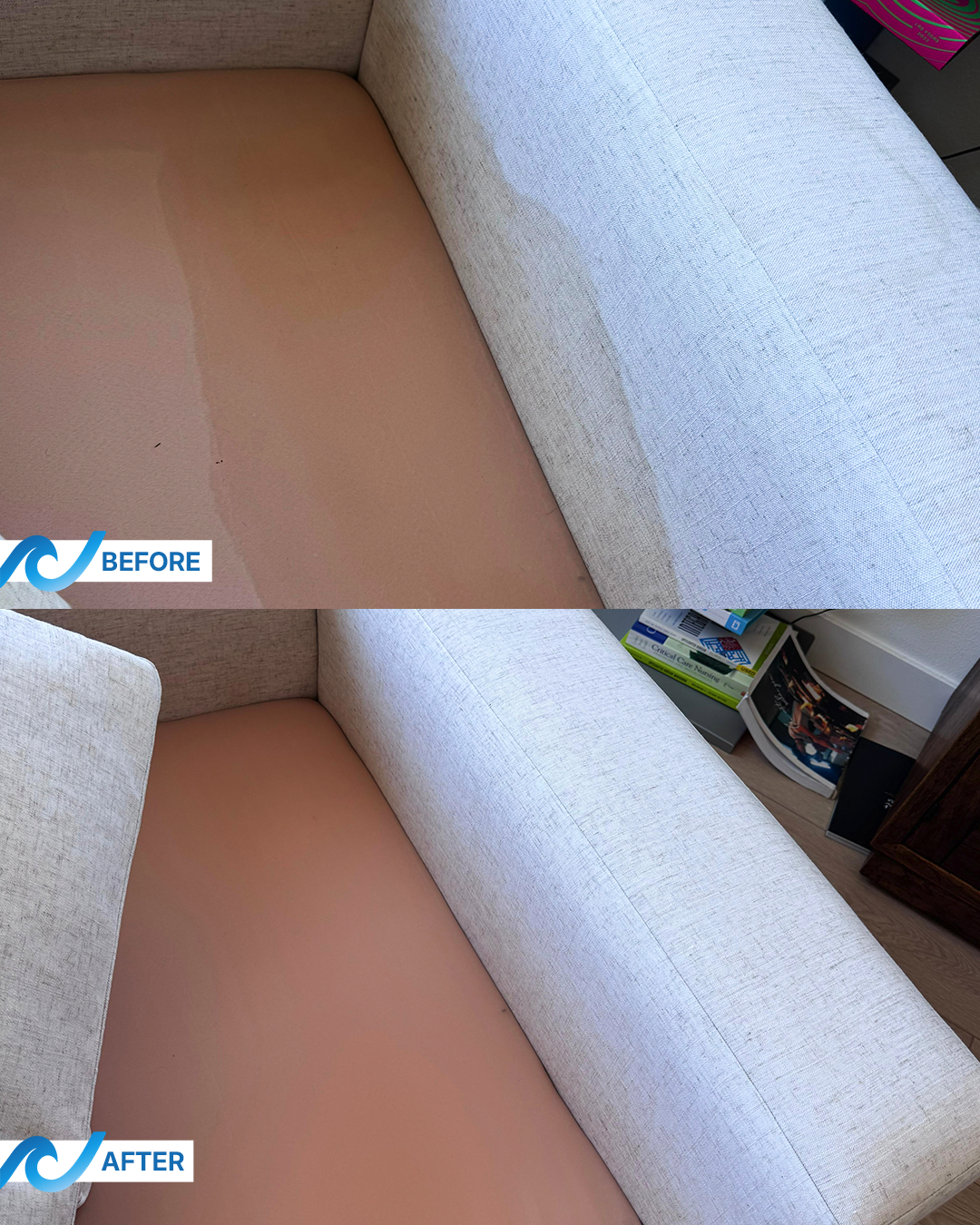 Technical cleaning on light-colored upholstery: stain removal and deep sanitation with controlled moisture to prevent residual marks.