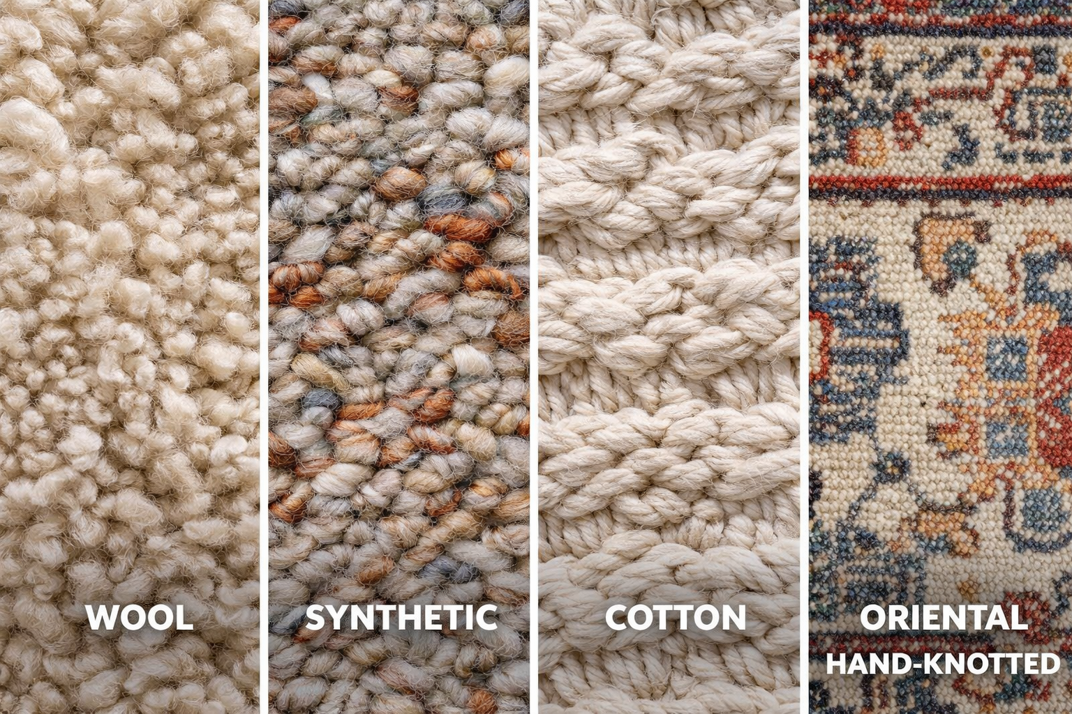 Different types of area rug fibers including wool and synthetic rugs