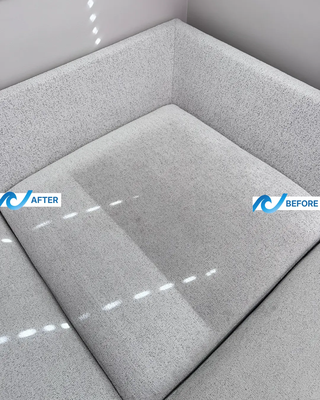 Technical cleaning on light-colored upholstery: stain removal and deep sanitation with controlled moisture to prevent residual marks.