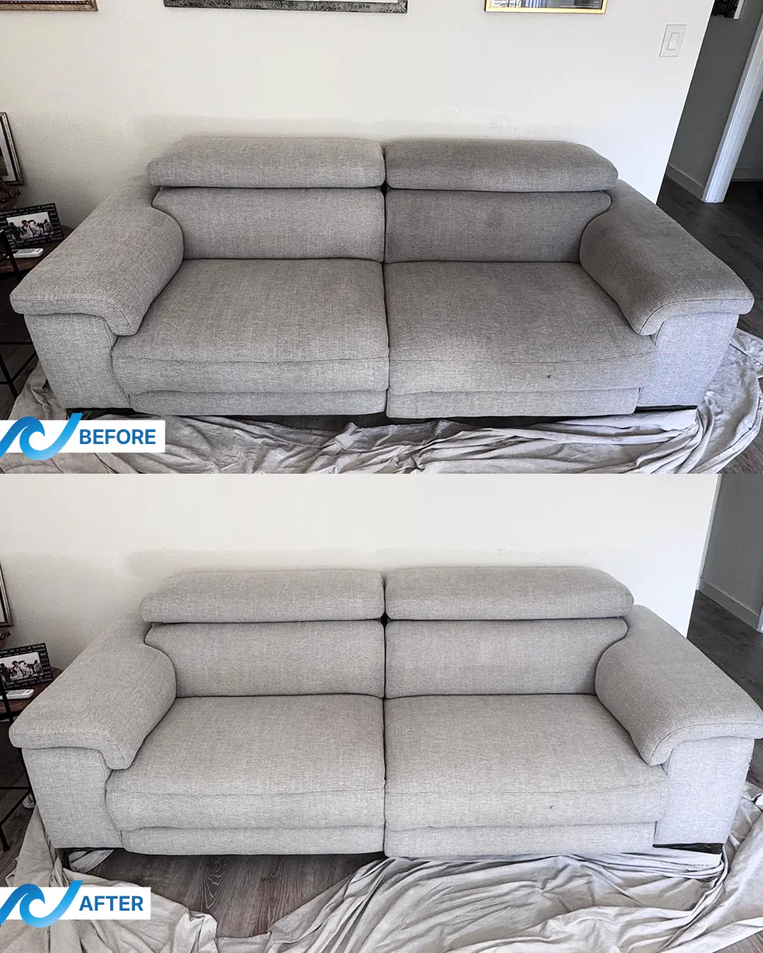 Before and after professional cleaning: removal of surface stains and even color restoration while preserving the fabric’s original tone.